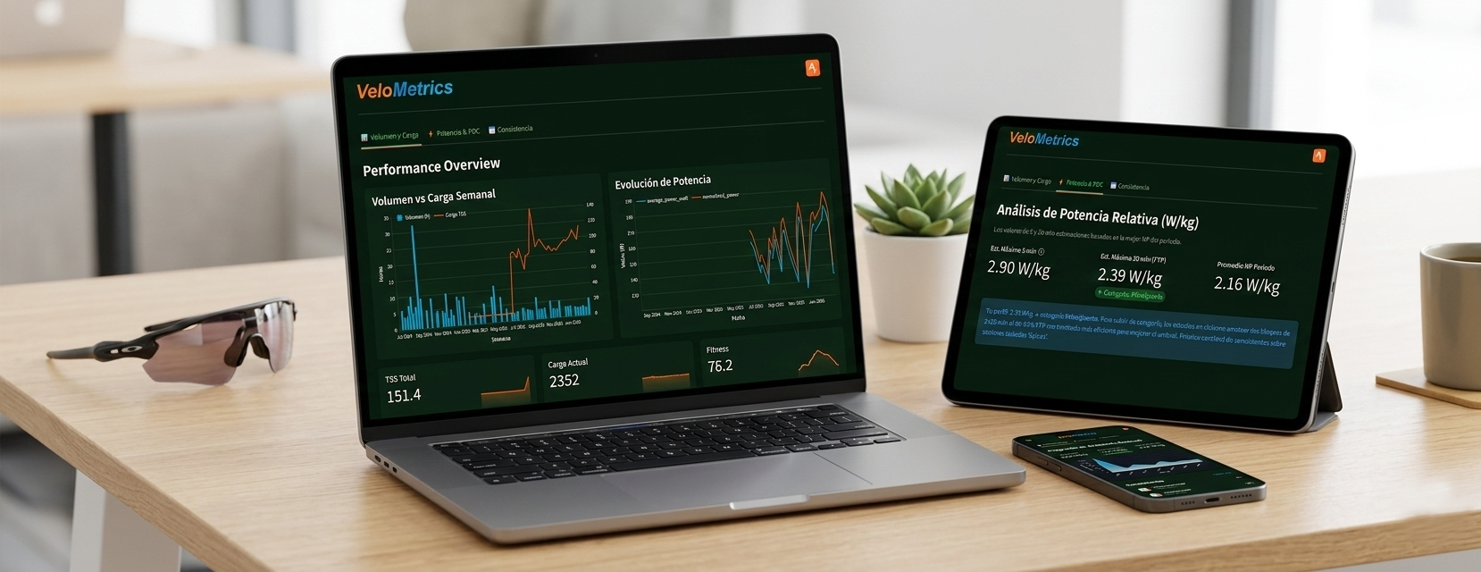 VeloMetrics — Dashboard de análisis de rendimiento en laptop, tablet y móvil